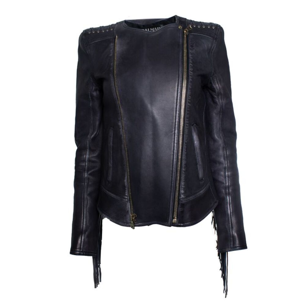 Balmain, leather laced biker jacket with fringes